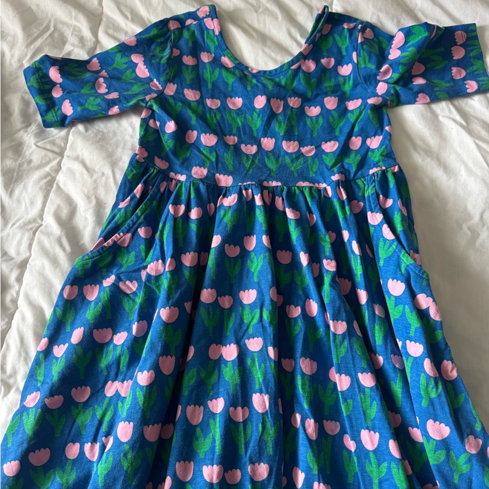 Hanna Andersson Blue Skater Dress with Pink Tulip Print size 130(8)